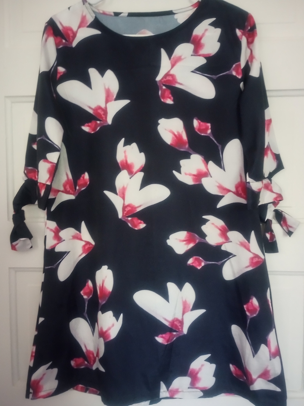 Floral Tie-Sleeve Navy and White A-Line Dress